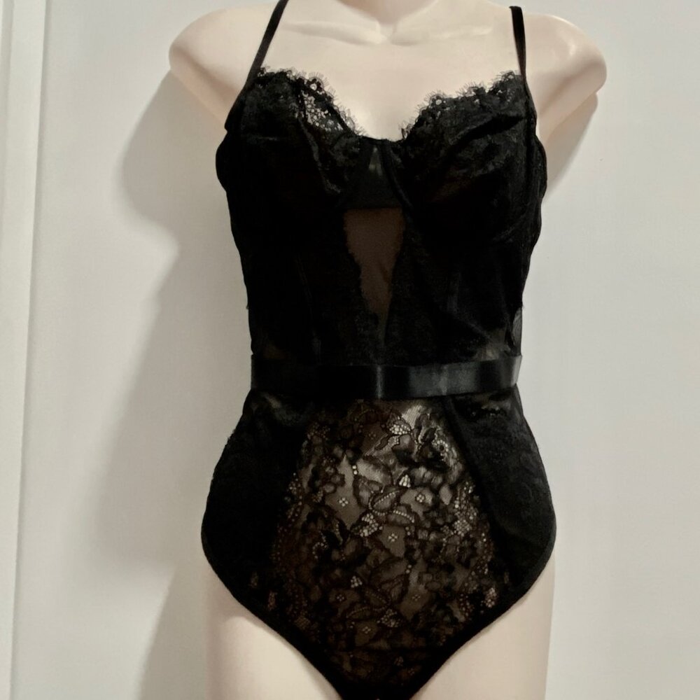 INC Black Goth Y2K 90s Fairy Coquette Lace Mesh Satin Corset Lingerie Bodysuit L
